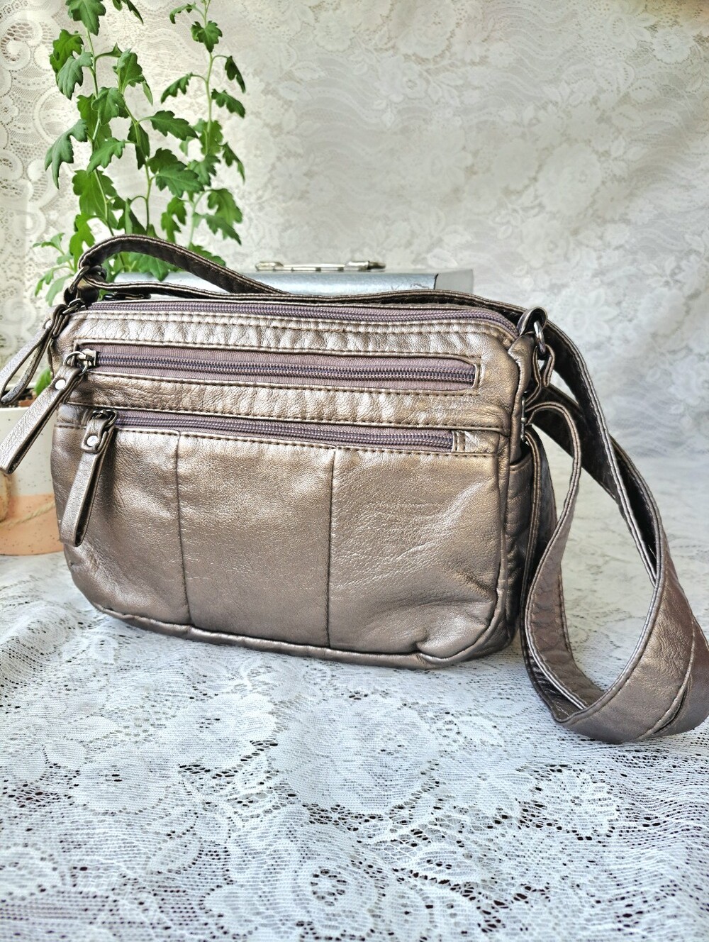 Volganik Rock Metallic Bronze Crossbody Bag | Vegan Leather • Lightweight • EUC